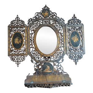 Antique Carved Inlaid Easel Back Triptych Folding Mirror