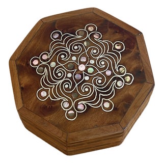 1930s Small Octagonal Olive Wood Box With Inlay Silver Mother of Pearl For Sale
