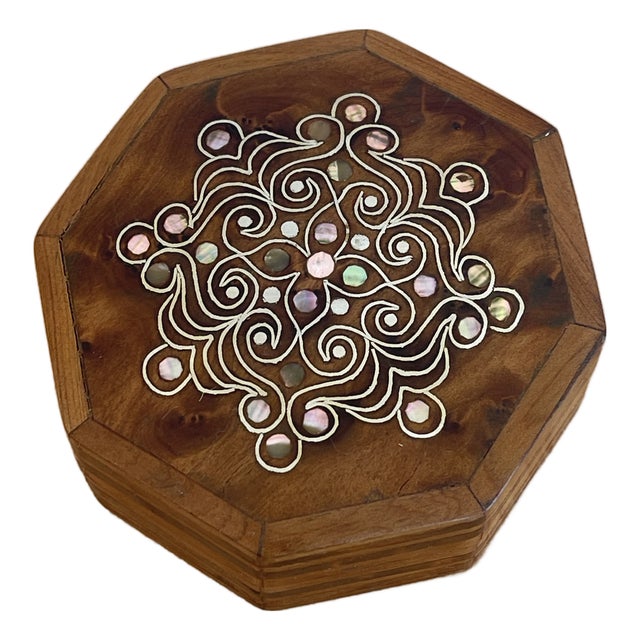 1930s Small Octagonal Olive Wood Box With Inlay Silver Mother of Pearl For Sale