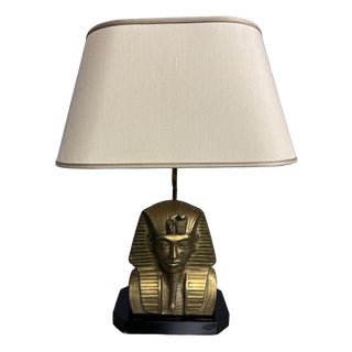 Vintage Egyptian Revival Sculptural Brass Pharaoh Table Lamp with Cream Textile Shade, 1970s For Sale