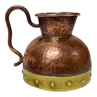 Antique Hammered Copper and Brass Jug With Curved Handle For Sale