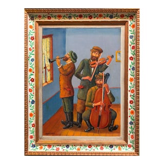 Maurice KishThree Klezmer Musicians Modern Judaica Shtetl Oil Painting WPA Jewish artist For Sale