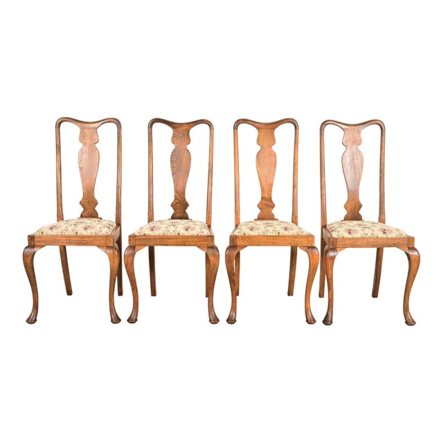 Baker Furniture Style Queen Anne Solid Oak Dining Chairs, Set of Four For Sale