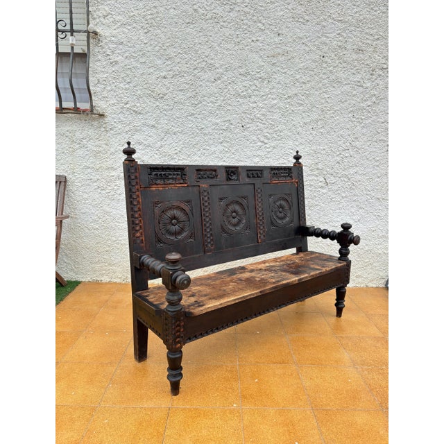 Traditional Spanish Renaissance Revival Carved Wooden Bench, Early 20th Century For Sale - Image 3 of 9