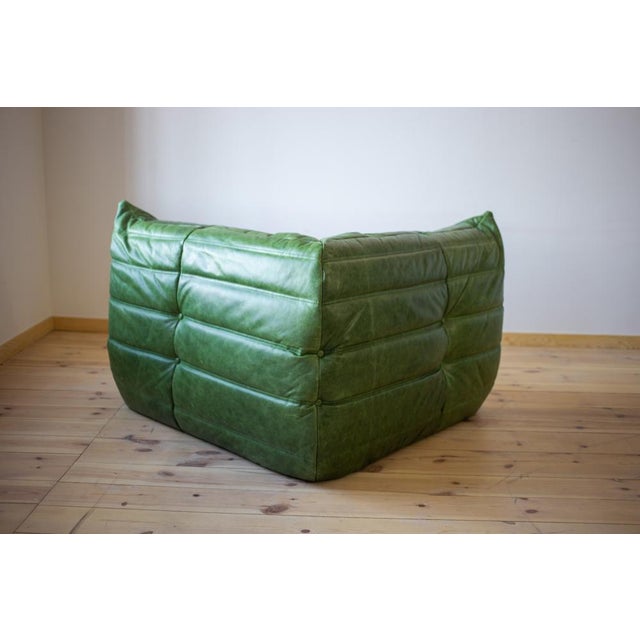 Green Dubai Green Leather Togo Lounge Chair, Corner and 2-Seat Sofa by Michel Ducaroy for Ligne Roset, 1979, Set of 3 For Sale - Image 8 of 14