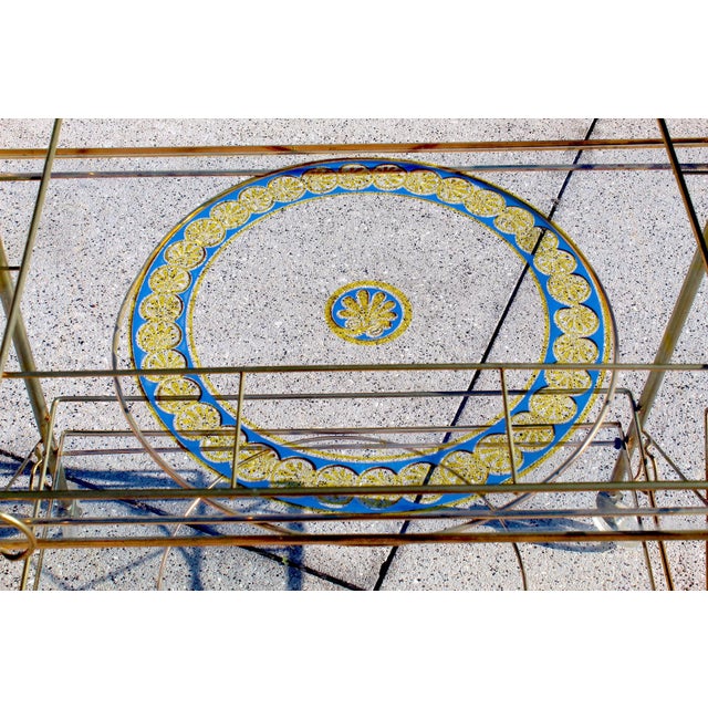 Mid-Century Modern Brass & Glass Bar Cart With Blue & Gold Medallion Top | Hollywood Regency For Sale - Image 11 of 18