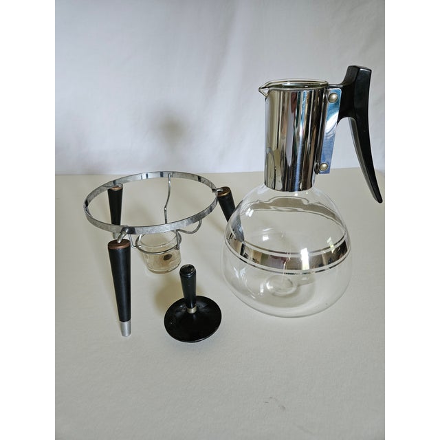Vintage Mid Century Modern Atomic Pyrex Coffee Pot With Tripod Warming Stand For Sale - Image 4 of 6