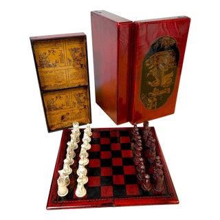 Exceptional Chinese Lacquered Travel Chess Set Lacquered Board & Court Figures For Sale