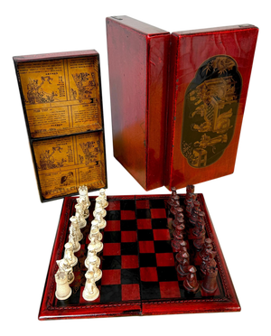 Exceptional Chinese Lacquered Travel Chess Set Lacquered Board & Court Figures