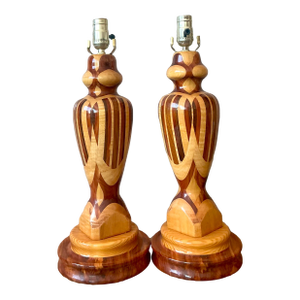 Vintage Boho Marquetry Wood Lamps - A Pair