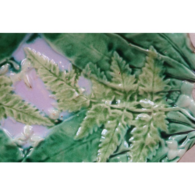 Antique English Majolica Porcelain Handled Fern Leaf Plate Platter 12" For Sale - Image 11 of 12