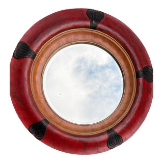 Vintage Red & Tan Leather Round Wall Mirror Sculptural Accent 36” For Sale