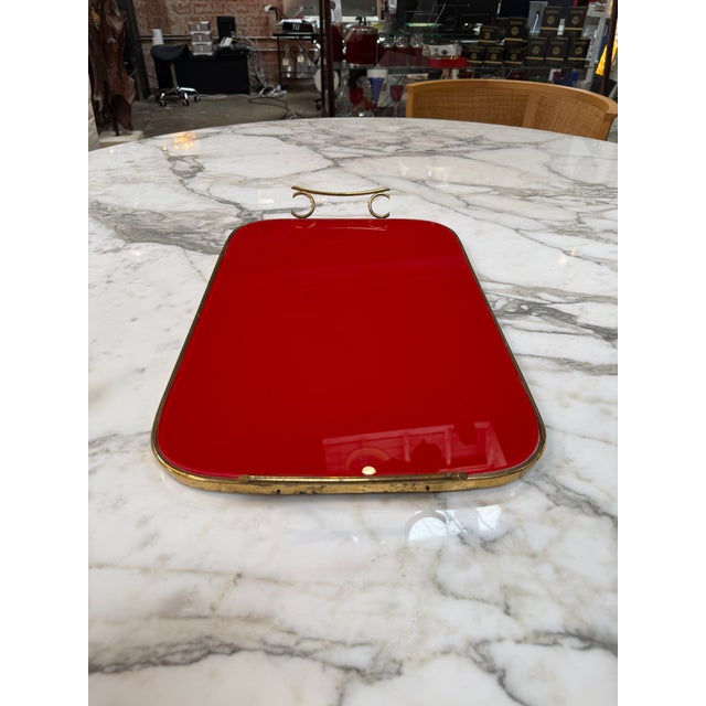 Arlecchino Milano Red Serving Tray With Brass Handles For Sale In Los Angeles - Image 6 of 9