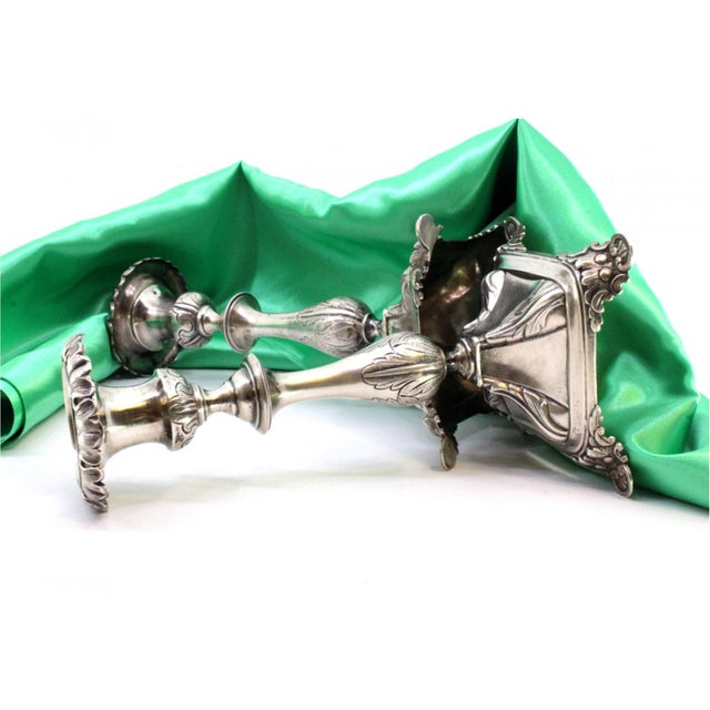 Silver Silver Candlesticks with with Acanthus Leaves Embossed Shaft and Flattened Feet with Reliefs, Set of 2 For Sale - Image 8 of 10