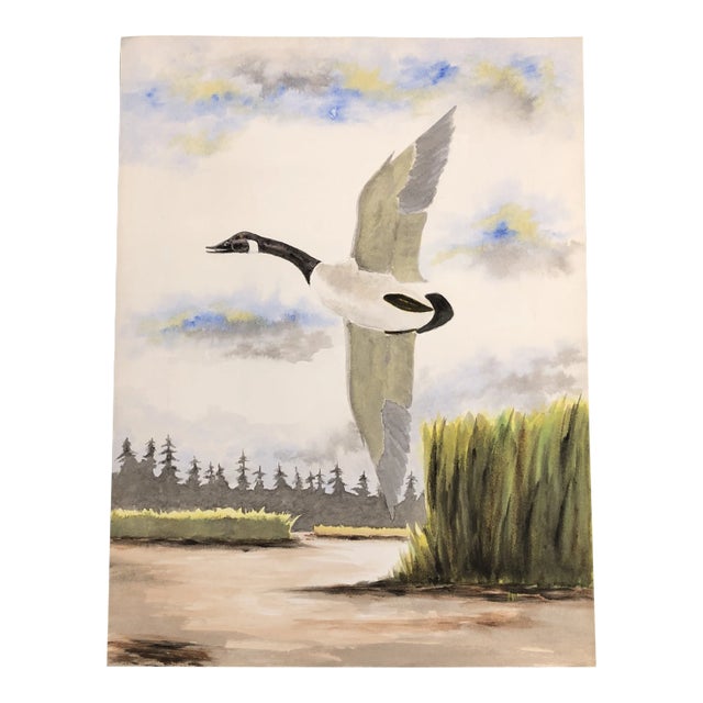 Original Vintage Watercolor Painting Flying Goose 1980’s For Sale