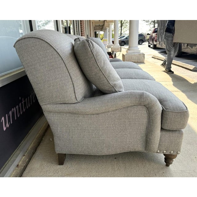 2020s Arhaus Upholstered Gray-Blue Three-Seat Sofa With Rolled Arms For Sale - Image 5 of 16