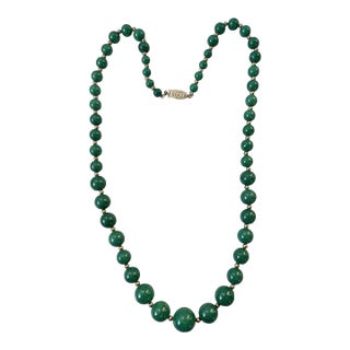 Mid 20th Century Green Nephrite Jade and Goldtone Spacer Beaded Necklace - 23" For Sale