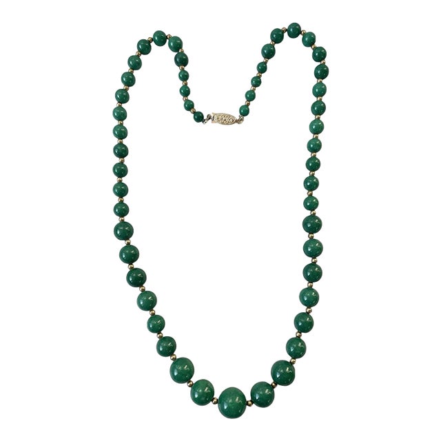 Mid 20th Century Green Nephrite Jade and Goldtone Spacer Beaded Necklace - 23" For Sale