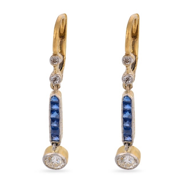 Contemporary Art Deco Style Diamond Sapphire 18k Yellow Gold and Platinum Drop Earrings, A Pair For Sale - Image 3 of 5