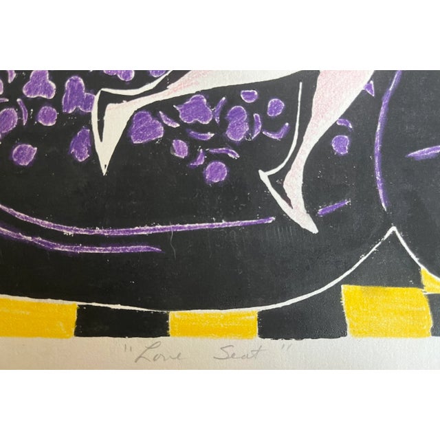 Purple Vintage Woodblock Print "Love Seat" Artist Proof For Sale - Image 8 of 9