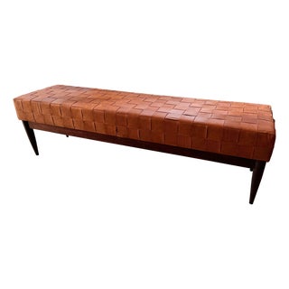 Large Walnut Bench with Woven Leather, 1960s For Sale