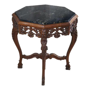 Early 20th Century Antique Italian Renaissance Carved Walnut Marble Top Octagonal Center Side Table