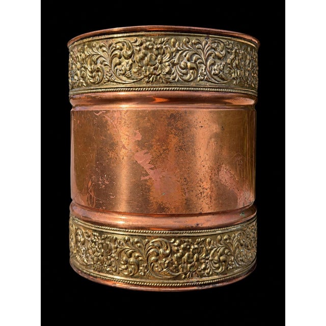 Metal Antique Copper & Repoussé Brass Victorian-Style Wastepaper Basket / Decorative Waste Bin For Sale - Image 7 of 10