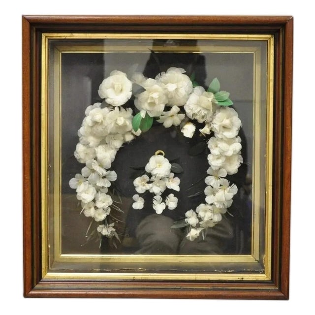 Antique Victorian White Feather Floral Mourning Wreath Mahogany Wood Shadow Box For Sale