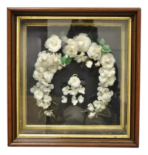 Antique Victorian White Feather Floral Mourning Wreath Mahogany Wood Shadow Box