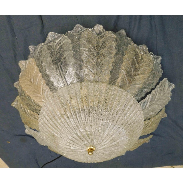 Vintage golden colored Italian Murano glass flush mount with clear and amber graniglia leaves / Made in Italy in the style...