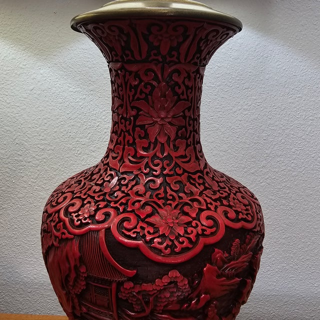 Mid 20th Century Mid-Century Chinese Hand-Carved Cinnabar Lacquer Table Lamps, Pair For Sale - Image 18 of 18
