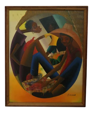 Jacques Louissaint (Hatian 20th Century) Modernist Mid Century Framed Colorful Oil Painting