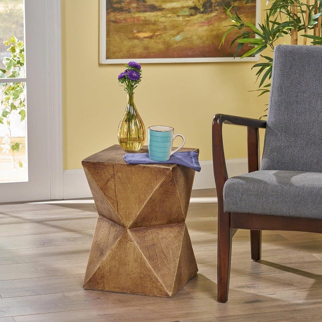 Modern Vintage-Inspired Concrete Side Table With Hand-Painted Wood-Look Finish For Sale - Image 3 of 8