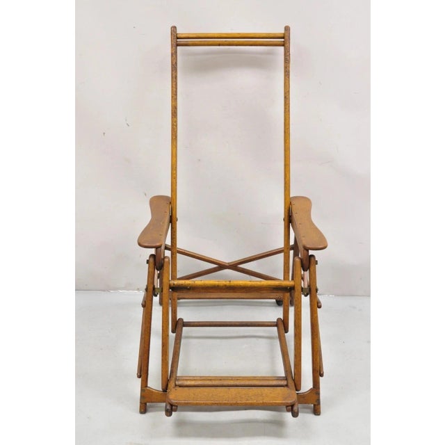 Lloyd Manufacturing Co. Antique Art Deco Folding Oak Wood Steamer Ship Reclining Deck Chair by Lloyd's For Sale - Image 4 of 12