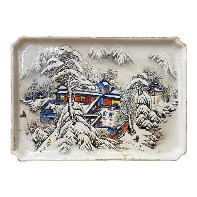 Distressed Off White Porcelain Snow Trees House Rectangular Display Plate For Sale