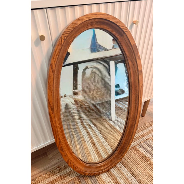 Farmhouse Vintage 1980s Oval Oak Wall Mirror With Walnut Stain, 32.5” X 19” For Sale - Image 3 of 7