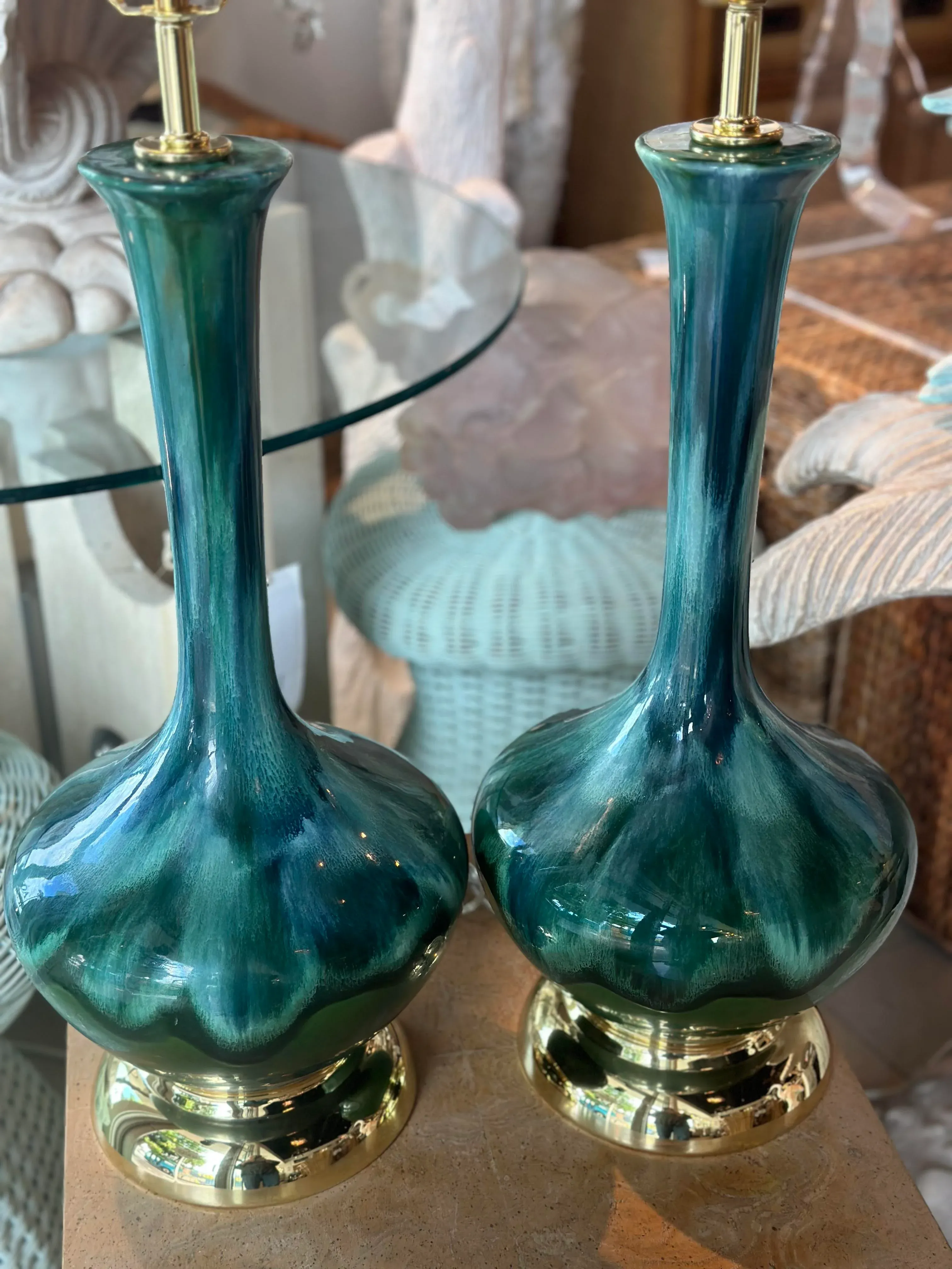 Vintage Pair 1960s Drip Glaze Blue Green Table Lamps Newly Wired