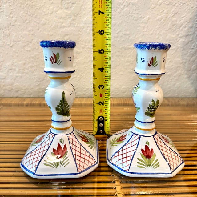 Ceramic Pair of Vintage Henriot Quimper French Faience Candlestick Holders For Sale - Image 7 of 10