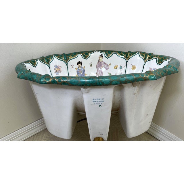 Chinoiserie Vintage Sherle Wagner Chinoiserie Hand-Painted Porcelain Sink & Gilt Faucet Set For Sale - Image 3 of 16
