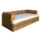 Vintage Boho Woven Rattan Roll Arm Sofa For Sale