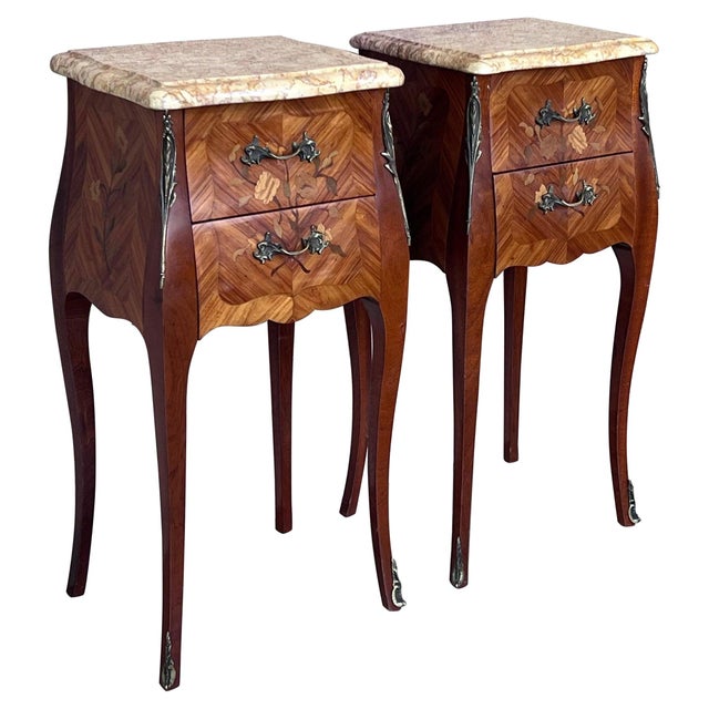 Antique Louis XV French Marquetry Marble Top Nightstands, Set of 2 For Sale - Image 15 of 18