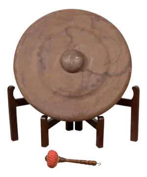 Antique Burmese Bronze Temple Gong with Red Mallet and Raised Center