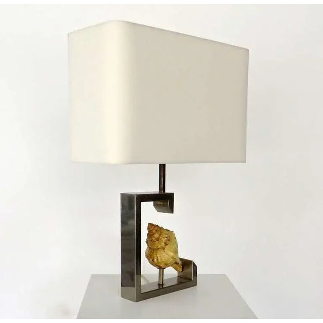 1970s French Table Lamp with Real Seashell Surrounded by Nickel Chrome Frame For Sale - Image 10 of 10