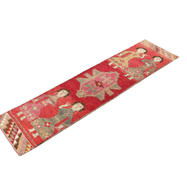 Tribal 1950s Vintage Tribal Runner in Red, Pink, Beige-Brown Pictorial Medallions For Sale - Image 3 of 7