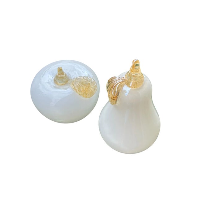 Glass Murano White Italian Art Glass Pear and Apple Fruit Sculptures For Sale - Image 7 of 7