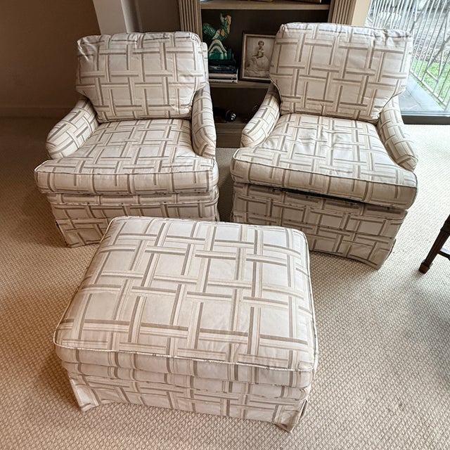 Pair of Down Filled Club Chairs and Ottoman For Sale - Image 9 of 9