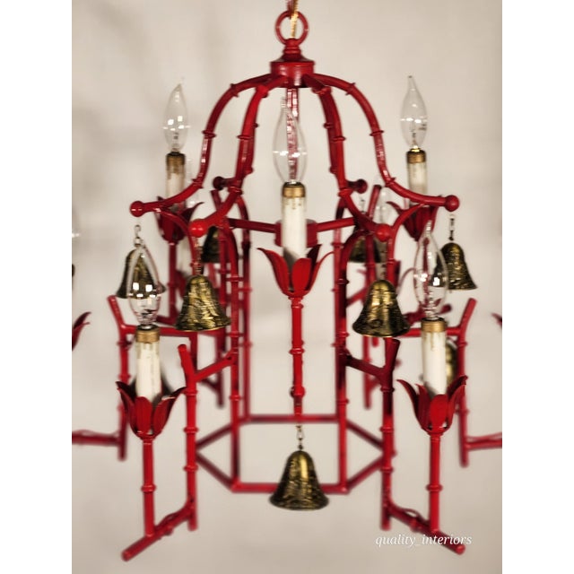 Faux Bamboo Pagoda Hollywood Regency Birdcage 9 Light Chandelier Brass Bells For Sale In South Bend - Image 6 of 10