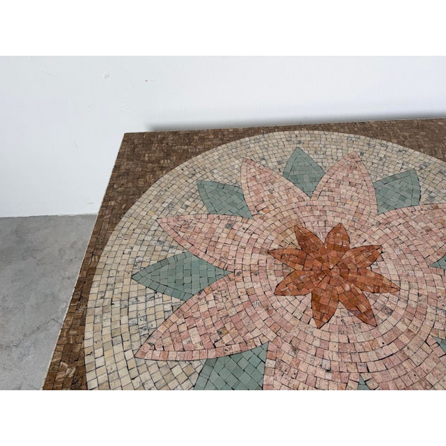 1980’s Vintage Floral Medallion Design Mosaic Top Coffee Table With Green Painted Iron Base/Sold For Sale - Image 4 of 12