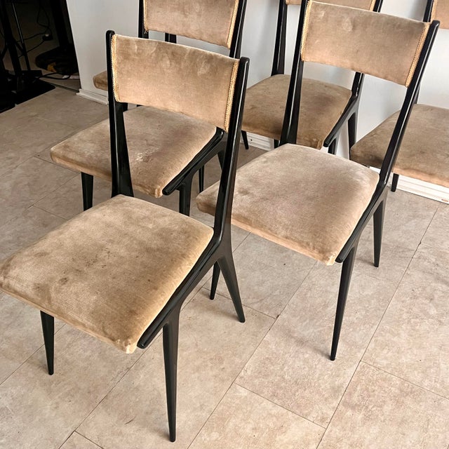 Dining Chairs in Black Lacquered Wood and Velvet attributed to Silvio Cavatorta, Italy, 1950s, Set of 6 For Sale - Image 9 of 12