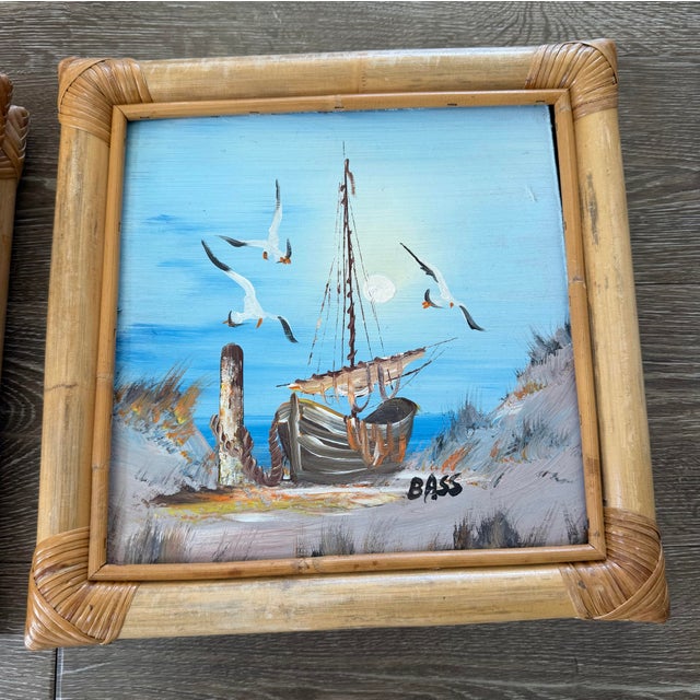 Mid 20th Century Oil Coastal Paintings in Thick Bamboo Frames. Pair For Sale - Image 5 of 12